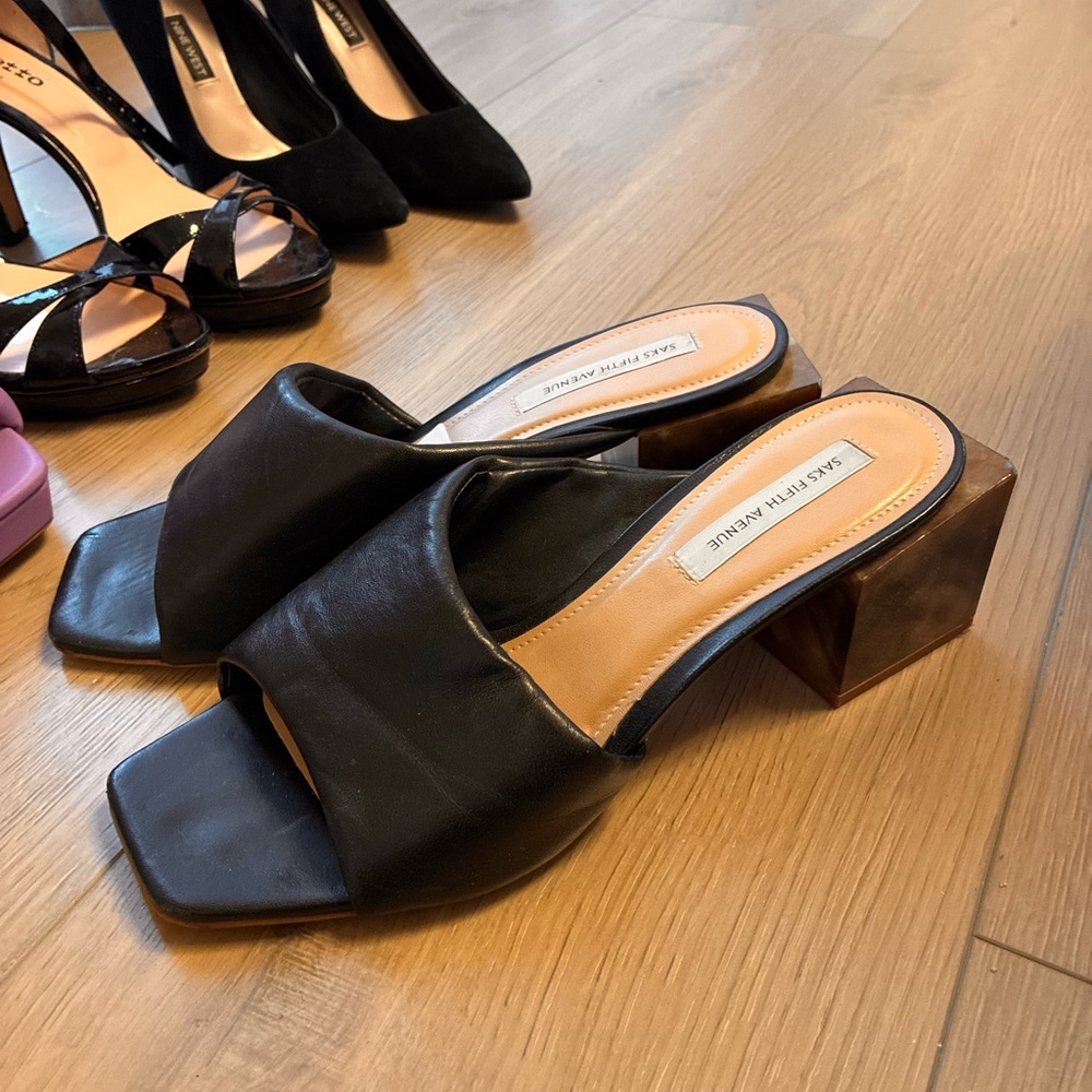 Saks Fifth Avenue Black Leather Mules